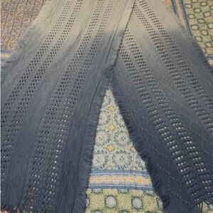 Fraas blue/light grey long crochet fringed scarf, cashmink mat’l, light use.